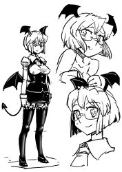 Rule 34 | 1girl, :q, alternate hair length, alternate hairstyle, bat wings, bespectacled, black thighhighs, breasts, cleavage, covered erect nipples, demon tail, dress shirt, framed breasts, full body, garter straps, glasses, greyscale, head wings, highres, juliet sleeves, koakuma, large breasts, long sleeves, looking at viewer, low wings, maru-sun, monochrome, necktie, puffy sleeves, shirt, shoes, simple background, sketch, smile, tail, taut clothes, taut shirt, thighhighs, tongue, tongue out, touhou, undressing, vest, white background, white shirt, wings, zettai ryouiki