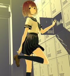 Rule 34 | 1girl, black skirt, blue neckerchief, blue sailor collar, blue socks, brown footwear, brown hair, closed mouth, commentary request, cropped shirt, emukami, expressionless, foot out of frame, getabako, hair between eyes, highres, kneehighs, loafers, locker, looking at viewer, midriff peek, neckerchief, original, partial commentary, pleated skirt, removing shoes, sailor collar, school uniform, serafuku, shade, shirt, shoes, short hair, short sleeves, skirt, socks, solo, standing, sunlight, white serafuku, white shirt, yellow eyes