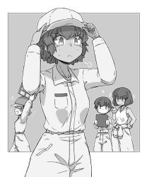 Rule 34 | 4girls, puff of air, ?, absurdres, adjusting clothes, adjusting headwear, arms up, baseball cap, bob cut, clipboard, closed eyes, closed mouth, clothes around waist, commentary, dark-skinned female, dark skin, eighth note, freckles, frown, girls und panzer, gloves, greyscale, hat, highres, holding, holding clipboard, hoshino (girls und panzer), jumpsuit, long sleeves, looking at viewer, mechanic, monochrome, multiple girls, musical note, nakajima (girls und panzer), notice lines, open mouth, outside border, pointing, renshiu, short hair, smile, snort, standing, suzuki (girls und panzer), sweatdrop, tank top, tsuchiya (girls und panzer), uniform