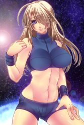 Rule 34 | 1girl, ahoge, bad id, bad pixiv id, bare shoulders, blonde hair, blue eyes, breasts, cowboy shot, glowing, hair over one eye, halterneck, hand on own shoulder, hand on own thigh, hand on thigh, impossible clothes, impossible shirt, large breasts, legs apart, lens flare, light smile, lips, long hair, looking at viewer, metroid, metroid fusion, midriff, navel, nintendo, outline, planet, ran komomo, samus aran, shirt, shorts, sky, smile, solo, space, sports bra, star (sky), starry sky, sun, turtleneck, white hair, wristband