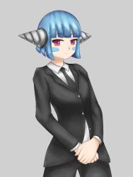 Rule 34 | 1girl, :/, android, android mk.99, black pants, black suit, blue hair, burnhum666, closed mouth, collared shirt, cowboy shot, female focus, formal, grey background, guardian tales, highres, looking at viewer, necktie, own hands clasped, pants, purple eyes, shirt, short hair, simple background, solo, suit, white shirt