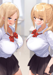 Rule 34 | 2girls, black skirt, blonde hair, blush, bow, bowtie, bra, bra pull, breasts, brown eyes, clothes pull, collarbone, collared shirt, fang, kaisen chuui, large breasts, long hair, looking at viewer, multiple girls, open mouth, original, parted bangs, ponytail, purple eyes, red bow, red neckwear, school uniform, shirt, side-tie peek, skirt, smile, underwear, white shirt