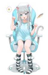 Rule 34 | 1girl, :o, absurdres, animal ears, black socks, blue eyes, blue shirt, bokuhakiyoshi, cat ears, cat girl, cat tail, chair, fang, fish, fried egg, full body, grey hair, highres, indie virtual youtuber, long hair, looking at viewer, nachoneko, no pants, office chair, open mouth, paw pose, shirt, short sleeves, sitting, skin fang, socks, striped clothes, striped socks, swivel chair, tail, virtual youtuber, white background, white socks