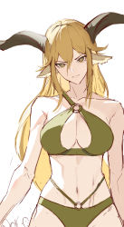 Rule 34 | 1girl, alternate costume, animal ears, arknights, bikini, blonde hair, breasts, brown eyes, cleavage, collarbone, commentary request, cowboy shot, degenbrecher (arknights), goat ears, goat girl, goat horns, green bikini, hair between eyes, highres, horns, jason kim, korean commentary, large breasts, long hair, looking at viewer, navel, o-ring, o-ring bikini, sketch, solo, stomach, swimsuit, v-shaped eyebrows, very long hair, white background
