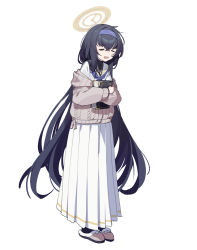 Rule 34 | 1girl, black hair, blue archive, blue hairband, blue neckerchief, blue ribbon, book, cardigan, closed eyes, deatheach, full body, grey cardigan, hair between eyes, hair ribbon, hairband, halo, highres, holding, holding book, long hair, long skirt, long sleeves, low twintails, neckerchief, open mouth, ribbon, sailor collar, school uniform, serafuku, simple background, skirt, slippers, solo, standing, twintails, ui (blue archive), very long hair, white background, white sailor collar, white skirt
