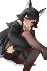 Rule 34 | 1girl, animal ear fluff, animal ears, bare shoulders, black hair, black shirt, brown eyes, brown pantyhose, closed mouth, dutch angle, feet out of frame, hololive, leg up, long hair, mujinbensin, multicolored hair, off shoulder, ookami mio, pantyhose, red hair, shirt, simple background, sitting, solo, streaked hair, very long hair, virtual youtuber, white background, wolf ears