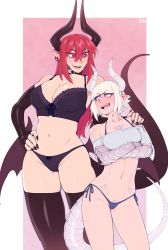 Rule 34 | 2girls, artist name, bare shoulders, blue hair, blunt bangs, breasts, cleavage, collar, collarbone, commentary, cowboy shot, dragon girl, dragon horns, dragon tail, elbow gloves, english commentary, fangs, fingerless gloves, gloves, hair between eyes, hand on own hip, height difference, highres, horns, ittla, large breasts, midriff, multiple girls, nail polish, navel, open mouth, original, panties, pointy ears, red eyes, red hair, sleeveless, standing, tail, teeth, thighhighs, underwear, watermark, white hair