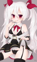 Rule 34 | 1girl, :p, azur lane, bad id, bad pixiv id, bare shoulders, belt, belt buckle, bikini, bikini top only, black bikini, black dress, black panties, black thighhighs, blush, bow, bowtie, breasts, buckle, cameltoe, closed mouth, clothes lift, collar, commentary request, covered erect nipples, detached collar, dress, dress lift, finger to mouth, front-tie bikini top, front-tie top, garter straps, grey background, groin, hair between eyes, hair ribbon, highres, lifting own clothes, long hair, looking at viewer, panties, red bow, red bowtie, red eyes, red ribbon, ribbon, short sleeves, signature, silver hair, simple background, sitting, small breasts, smile, solo, string panties, swimsuit, tachibanami gutsu, thighhighs, tongue, tongue out, twintails, underwear, vampire (azur lane), very long hair, white belt, white collar