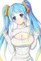 Rule 34 | 1girl, amiemie, blonde hair, blue eyes, blue hair, blush, breasts, cleavage, cleavage cutout, clothing cutout, gradient hair, highres, large breasts, league of legends, long hair, looking at viewer, matching hair/eyes, meme attire, multicolored hair, open-chest sweater, ribbed sweater, simple background, solo, sona (league of legends), sweater, turtleneck, twintails, white background