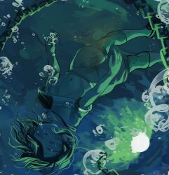 Rule 34 | 1girl, absurdres, air bubble, asphyxiation, bubble, closed eyes, commentary request, drowning, full body, green theme, highres, monochrome, murasa minamitsu, navel, open mouth, piaki, sailor collar, sailor shirt, shirt, short hair, shorts, solo, submerged, touhou, underwater, upside-down