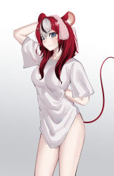 Rule 34 | 1girl, animal ears, arm behind head, arms behind back, blue eyes, bottomless, breasts, closed mouth, cowboy shot, drawfag, drying, drying hair, gradient background, hair down, hakos baelz, highres, hololive, hololive english, long hair, looking at viewer, medium breasts, mouse ears, mouse tail, red hair, shirt, smile, solo, t-shirt, tail, thighs, virtual youtuber, white shirt