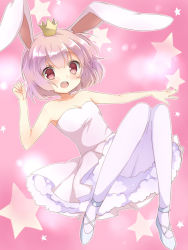 Rule 34 | 1girl, ac japan, aisatsu no mahou, animal ears, arigato usagi, bad id, bad pixiv id, bare shoulders, blush, breasts, cleavage, cross-laced footwear, crown, dress, female focus, frilled dress, frills, full body, gradient background, maruki (punchiki), open mouth, pantyhose, personification, pink eyes, pink hair, rabbit ears, short hair, small breasts, solo, star (symbol), strapless, strapless dress, white pantyhose