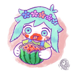 1boy animal_ears blue_overalls closed_mouth flower food fruit furrification furry furry_male green_eyes green_hair green_shirt head_wreath holding holding_food holding_fruit holding_watermelon male_focus omori overalls rabbit_boy rabbit_ears shirt short_sleeves smile solo something_(omori) sun_iiinu t-shirt tongue tongue_out watermelon