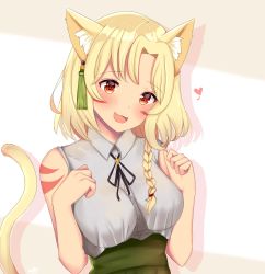 Rule 34 | 1girl, absurdres, animal ear fluff, animal ears, brown eyes, cat ears, cat girl, cat tail, clenched hands, commentary, english commentary, fang, green skirt, grey shirt, heart, highres, indie virtual youtuber, kitanya nyanta, open mouth, shirt, shirt tucked in, short hair, simple background, skirt, sleeveless, sleeveless shirt, smile, solo, tail, virtual youtuber, white background, xxalisa