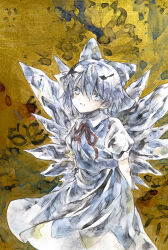 Rule 34 | 1girl, blue bow, blue dress, blue eyes, blue hair, bow, cirno, collared shirt, dress, fairy, hair between eyes, hair bow, ice, ice wings, ikeda ruriko, open mouth, shirt, short hair, short sleeves, solo, touhou, traditional media, white shirt, wings