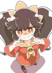 Rule 34 | 1girl, ascot, ashley (warioware), black hair, bright pupils, dress, forced smile, from above, highres, long hair, looking at viewer, merugamu melgum, nintendo, red eyes, solo, sweat, twintails, warioware, white pupils, wide sleeves