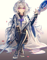 Rule 34 | 1girl, advarcher, ahoge, breasts, cape, crossed ankles, fate/grand order, fate/grand order arcade, fate/prototype, fate (series), fingerless gloves, gloves, grey hair, highres, long hair, looking at viewer, mage staff, merlin (fate/prototype), merlin (fate/prototype) (second ascension), petals, purple eyes, rose petals, sitting, small breasts, smile, solo, toes, white background, wide sleeves
