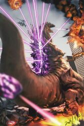 Rule 34 | aircraft, battle spirits, breath weapon, building, buried, city, day, destruction, energy, energy beam, fire, giant, giant monster, glowing, glowing eyes, godzilla, godzilla (series), godzilla (shin), hanekura bou, helicopter, highres, kaijuu, looking at viewer, military, mouth beam, official art, realistic, red eyes, shin godzilla, skyscraper, spike beam, tail, tail beam, toho