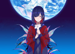 Rule 34 | 1girl, blue hair, braid, colored inner hair, commentary request, earth (planet), closed eyes, flower, highres, holding, holding flower, hood, hooded jacket, jacket, kamitsubaki studio, lily (flower), multicolored hair, official art, palow, planet, red hair, rim (kamitsubaki studio), short hair, side braid, smile, solo, space, star (sky), two-tone hair, upper body, virtual youtuber