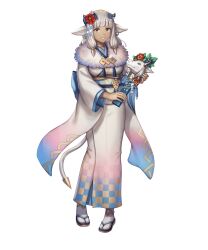 Rule 34 | 1girl, anbe yoshirou, animal ears, ash (fire emblem), ash (new year) (fire emblem), breasts, cow ears, cow horns, cow tail, dark-skinned female, dark skin, fingernails, fire emblem, fire emblem heroes, flower, full body, fur trim, gradient background, gradient clothes, hagoita, hair ornament, hairband, highres, holding, horns, japanese clothes, kimono, long hair, looking at viewer, medium breasts, nintendo, non-web source, obi, official art, paddle, parted lips, sandals, sash, sidelocks, smile, solo, standing, tabi, tail, transparent background, white hair, wide sleeves, yellow eyes, zouri