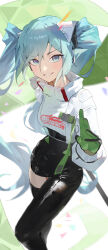 Rule 34 | 1girl, absurdres, aqua eyes, aqua hair, asymmetrical bodysuit, black bodysuit, black gloves, blurry, bodysuit, boots, commentary, covered navel, cropped jacket, depth of field, feet out of frame, flagpole, flame print, gloves, green flag, green gloves, grin, hand up, hatsune miku, highres, holding, holding pole, jacket, kji (rozo), long hair, long sleeves, looking at viewer, pole, race queen, racing miku, racing miku (2022), single leg bodysuit, single thigh boot, single thighhigh, smile, smiley face, solo, text print, thigh boots, thighhighs, twintails, two-tone gloves, very long hair, vocaloid, white jacket