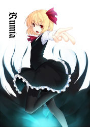 Rule 34 | 1girl, blonde hair, character name, embodiment of scarlet devil, fang, female focus, foreshortening, hair ribbon, hiroya juuren, outstretched arm, outstretched hand, pantyhose, red eyes, ribbon, rumia, short hair, solo, standing, standing on one leg, touhou