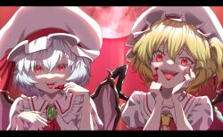 Rule 34 | 2girls, ascot, backlighting, bat wings, blonde hair, blue hair, collared shirt, dark background, fangs, fingernails, flandre scarlet, frilled shirt collar, frills, girouette00, glowing, glowing eyes, gradient background, green brooch, hair between eyes, hat, hat ribbon, highres, large hat, long fingernails, looking at viewer, mob cap, moon, multicolored wings, multiple girls, nail polish, open mouth, puffy short sleeves, puffy sleeves, red ascot, red background, red eyes, red moon, red nails, red ribbon, red vest, remilia scarlet, ribbon, sharp fingernails, shirt, short hair, short sleeves, siblings, sisters, teeth, touhou, upper body, upper teeth only, vest, white headwear, white shirt, wings, yellow ascot