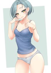 Rule 34 | 1girl, absurdres, blue camisole, cameltoe, camisole, commentary request, cowboy shot, forehead, grey hair, highres, kantai collection, makura (y makura), mole, mole on neck, panties, short hair, solo, standing, swept bangs, tamanami (kancolle), underwear, white panties, yellow eyes