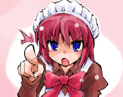 Rule 34 | 00s, 1girl, bow, gradient background, hisui (tsukihime), maid, maid headdress, open mouth, pointing, pointing at viewer, purple eyes, red hair, shinapuu, short hair, simple background, solo, tsukihime