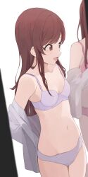 Rule 34 | 2girls, bra, breasts, brown hair, clothes pull, collarbone, grey bra, highres, hiroki (yyqw7151), idolmaster, idolmaster shiny colors, long hair, multiple girls, navel, open clothes, open shirt, osaki amana, osaki tenka, panties, shirt, shirt pull, siblings, simple background, sisters, small breasts, smile, solo focus, stomach, straight hair, twins, underwear, white background, white shirt