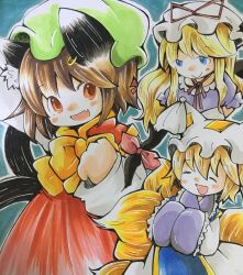 Rule 34 | 3girls, :d, animal ears, blue eyes, blush stickers, bow, bowtie, brown eyes, brown hair, cat ears, cat tail, chen, dress, earrings, fang, fox ears, fox tail, gap (touhou), hand up, hands in opposite sleeves, happy, hat, highres, jewelry, looking at another, looking at viewer, mob cap, multiple girls, multiple tails, nekomata, open mouth, outline, red dress, red eyes, ruu kiti, short hair, single earring, skin fang, smile, tail, touhou, two tails, white outline, yakumo ran, yakumo yukari, yellow bow, yellow bowtie