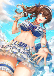 Rule 34 | 1girl, :d, aiban, arm garter, bare shoulders, bikini, blue bikini, blue eyes, blue sky, blush, bracelet, breasts, bridal garter, brown hair, day, frilled bikini, frills, hair between eyes, hairband, highres, idolmaster, idolmaster cinderella girls, idolmaster cinderella girls starlight stage, jewelry, large breasts, long hair, looking at viewer, miniskirt, navel, necklace, open mouth, revision, sagisawa fumika, side ponytail, sidelocks, skirt, sky, smile, solo, swimsuit, thighs, water, white skirt, wrist cuffs