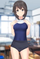Rule 34 | 1girl, absurdres, alternate costume, arms behind back, black buruma, black hair, blue one-piece swimsuit, blurry, buruma, classroom, clothes lift, competition school swimsuit, contrapposto, cowboy shot, depth of field, grey eyes, gym uniform, hayasui (kancolle), highres, indoors, kantai collection, looking at viewer, one-piece swimsuit, school swimsuit, shirt, shirt lift, short hair, solo, standing, swimsuit, swimsuit under clothes, t-shirt, takafumi, white shirt