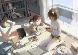 Rule 34 | 2girls, :d, ^ ^, ahoge, backpack, bag, balcony, baseball, black skirt, book, bookshelf, braid, brown eyes, brown hair, cat, closed eyes, comic, cup, curtains, earrings, food, friends, guitar, hair ornament, hair ribbon, hairclip, highres, homework, hot chocolate, indoors, instrument, jewelry, kneehighs, long sleeves, looking at another, lying, marmaladica, math, md5 mismatch, muffin, multiple girls, on stomach, open mouth, original, pencil, pencil case, pillow, plate, pleated skirt, poster (object), resolution mismatch, ribbon, sandwich, school bag, short shorts, shorts, single braid, sitting, skirt, sleeping, sliding doors, smile, snow, snowflake print, snowflakes, snowing, socks, source smaller, steam, sweater, teeth, thighhighs, trigonometry, two side up, unworn backpack, unworn bag, white legwear, white ribbon, window, zettai ryouiki