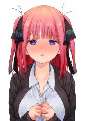 Rule 34 | 1girl, black cardigan, black ribbon, blue eyes, blunt bangs, blush, breasts, butterfly hair ornament, cardigan, collarbone, eyebrows hidden by hair, go-toubun no hanayome, hair ornament, half-closed eyes, hands on own chest, highres, large breasts, looking at viewer, memidesuyo, nakano nino, open cardigan, open clothes, own hands together, pink hair, puckered lips, raised eyebrows, ribbon, school uniform, shirt, simple background, sleeves past wrists, twintails, white background, white shirt
