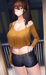 Rule 34 | 1girl, absurdres, arm at side, back, bag, bare shoulders, black nails, blue shorts, blush, breasts, brown eyes, brown hair, cleavage, closed mouth, commentary, crop top, crop top overhang, doorway, dot mouth, hair between eyes, hand on own hip, highres, holding, holding bag, huge breasts, large breasts, long hair, long sleeves, looking at viewer, midriff, nail polish, off shoulder, open door, orange shirt, original, plastic bag, railing, rororo, shirt, short shorts, shorts, solo, stab, standing, symbol-only commentary, twintails