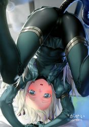 Rule 34 | 1girl, absurdres, animal ears, arms up, artist name, black pantyhose, blonde hair, blue eyes, blush, cat ears, cat tail, cropped jacket, from below, green jacket, green skirt, h kasei, highres, jacket, kantai collection, long hair, long sleeves, looking at viewer, military, military uniform, miniskirt, open clothes, open jacket, open mouth, pantyhose, pleated skirt, puffy long sleeves, puffy sleeves, scan, skirt, solo, tail, u-511 (kancolle), uniform, upper body, upside-down