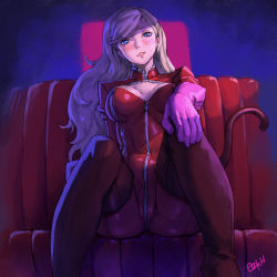Rule 34 | 1girl, ass, blonde hair, blue eyes, blush, boots, breasts, cat tail, cleavage, couch, fake tail, gloves, hair down, hand on own knee, head tilt, highres, latex, ozkh, parted lips, persona, persona 5, purple gloves, red footwear, sitting, smile, solo, tail, takamaki anne, thigh boots, thighhighs