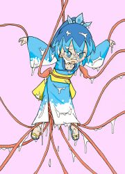 Rule 34 | 1girl, arms up, artist request, blue eyes, blue footwear, blue hair, blue kimono, bukkake, bush, collarbone, cum, cum on body, cum on hair, facial, feet, female focus, fubukihime, full body, hair ornament, highres, japanese clothes, jpeg artifacts, kimono, legs apart, long sleeves, matching hair/eyes, obi, open mouth, pink background, ponytail, sandals, sash, simple background, solo, suspension, sweat, tears, tentacles, tentacles under clothes, traditional youkai, youkai watch