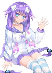 Rule 34 | 1girl, absurdres, blue eyes, blush, braid, breasts, choker, cleavage, commentary request, d-pad, d-pad hair ornament, hair between eyes, hair ornament, highres, hood, hooded jacket, jacket, long hair, medium breasts, naoya (naoya ee), neptune (neptunia), neptune (series), purple hair, purple heart (neptunia), simple background, smile, solo, striped clothes, striped thighhighs, symbol-shaped pupils, thighhighs, thighs, twin braids, twintails, usb, very long hair, waving, white background, white choker