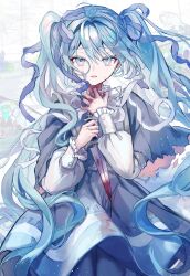 Rule 34 | absurdres, ahoge, animal background, aqua eyes, aqua hair, blood, blood on hands, bloody weapon, blue ribbon, capelet, commentary, dagger, dress, frilled dress, frilled sleeves, frills, frown, gehenna (vocaloid), grey capelet, grey dress, hair intakes, hair ribbon, hatsune miku, highres, holding, holding dagger, holding knife, holding weapon, knife, koi, long hair, long sleeves, looking at viewer, monocle, neck ribbon, pipi, ribbon, sidelocks, straight-on, swept bangs, tears, twintails, very long hair, vocaloid, weapon