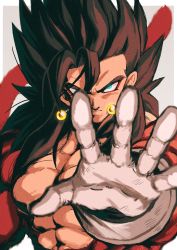 Rule 34 | absurdres, bare pectorals, biceps, blue eyes, body fur, dragon ball, dragon ball heroes, earrings, gloves, highres, jewelry, looking at viewer, monkey boy, monkey tail, no nipples, outstretched arms, pectorals, potara earrings, reaching, reaching towards viewer, red fur, relio db318, solo, spiked hair, super saiyan, super saiyan 4, tail, vegetto, vegetto (xeno), white gloves