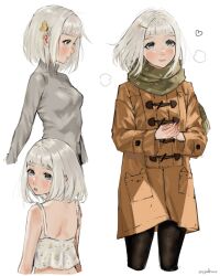 Rule 34 | 1girl, absurdres, anajudraws, artist name, black pantyhose, blue eyes, blunt bangs, blush, breasts, brown coat, butterfly hair ornament, coat, crop top, floral print, freckles, grey shirt, hair ornament, hairclip, heart, highres, long sleeves, looking at viewer, looking back, medium hair, multiple views, original, own hands together, pantyhose, scarf, shirt, small breasts, white background, white hair, white shirt