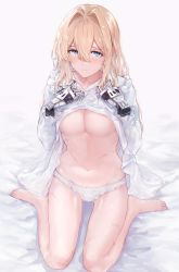 Rule 34 | 1girl, barefoot, bed sheet, blonde hair, blue eyes, blush, breasts, closed mouth, clothes lift, collarbone, commentary request, dress, dress lift, frilled dress, frilled panties, frills, full body, hair between eyes, hands on own chest, highres, large breasts, lips, long hair, long sleeves, looking at viewer, misaki (syake-ama), navel, open clothes, panties, prosthesis, prosthetic arm, scar, scar on leg, scar on stomach, sidelocks, simple background, sitting, smile, solo, stomach, underwear, violet evergarden, violet evergarden (series), white background, white dress, white panties