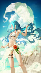 Rule 34 | 1girl, bare legs, beach, bikini, blue choker, blue eyes, blue hair, blue nails, blue ribbon, braid, breasts, choker, cliff, cloud, cloudy sky, commentary request, day, earrings, feet out of frame, floating hair, flower, hair between eyes, hair ribbon, halterneck, hand up, hibiscus, highres, inflatable armbands, jewelry, long hair, looking away, nail polish, navel, open mouth, original, outdoors, profile, red flower, ribbon, saraki, sarong, see-through, signature, sky, small breasts, solo, standing, stomach, swimsuit, thigh strap, very long hair, white bikini