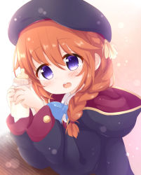 Rule 34 | 1girl, araki495, baby bottle, beret, black coat, black hat, blue bow, blush, bottle, bow, braid, brown hair, coat, collared dress, commentary request, dress, hair between eyes, hair over shoulder, hands up, hat, highres, holding, holding bottle, hood, hood down, hooded coat, long hair, long sleeves, looking at viewer, md5 mismatch, open mouth, princess connect!, purple eyes, resolution mismatch, solo, source smaller, teeth, twin braids, upper body, upper teeth only, white dress, yuni (princess connect!)