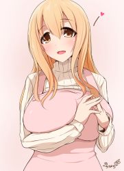 Rule 34 | 10s, 1girl, :d, apron, breasts, brown eyes, brown hair, heart, huge breasts, kichihachi, looking at viewer, open mouth, own hands together, pink background, ribbed sweater, simple background, smile, solo, sunohara ayaka, sunoharasou no kanrinin-san, sweater, turtleneck