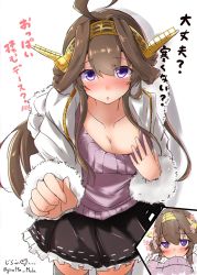 Rule 34 | 1girl, ahoge, alternate costume, artist name, black skirt, breasts, brown hair, cleavage, commentary, cowboy shot, double bun, fur-trimmed jacket, fur trim, giraffe (ilconte), hair bun, hairband, headgear, highres, inset, jacket, kantai collection, kongou (kancolle), long hair, pink sweater, pleated skirt, simple background, skirt, solo, sweater, thighhighs, translation request, twitter username, white background, white jacket