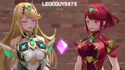 Rule 34 | 2girls, 3d, animated, artist name, blonde hair, breasts, crystal, expressionless, female focus, gasp, glowing, glowing eyes, hypnosis, legoguy9875, looping animation, mind control, monolith soft, multiple girls, mythra (xenoblade), nintendo, open mouth, pyra (xenoblade), red hair, sound, source filmmaker (medium), standing, tagme, hypnosis, video, waking up, wall, watching, watermark, xeno (series), xenoblade chronicles (series), xenoblade chronicles 2