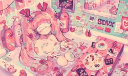 Rule 34 | bad id, bad twitter id, bandaid, bandaid on breast, bandaid on knee, bandaid on leg, bathing, blindfold, blunt bangs, blush, cake, character request, checkerboard cookie, cookie, copyright name, cosmetics, cup, cutlery, facial mark, floral print, flower, food, fork, hair flower, hair ornament, knife, lipstick tube, long hair, maru (umc a), mirror, nail polish bottle, outstretched hand, partially submerged, pennant, pill, pink theme, plate, rubber duck, sepia, shampoo bottle, sitting, soap, sound voltex, star (symbol), star print, string of flags, twintails, very long hair